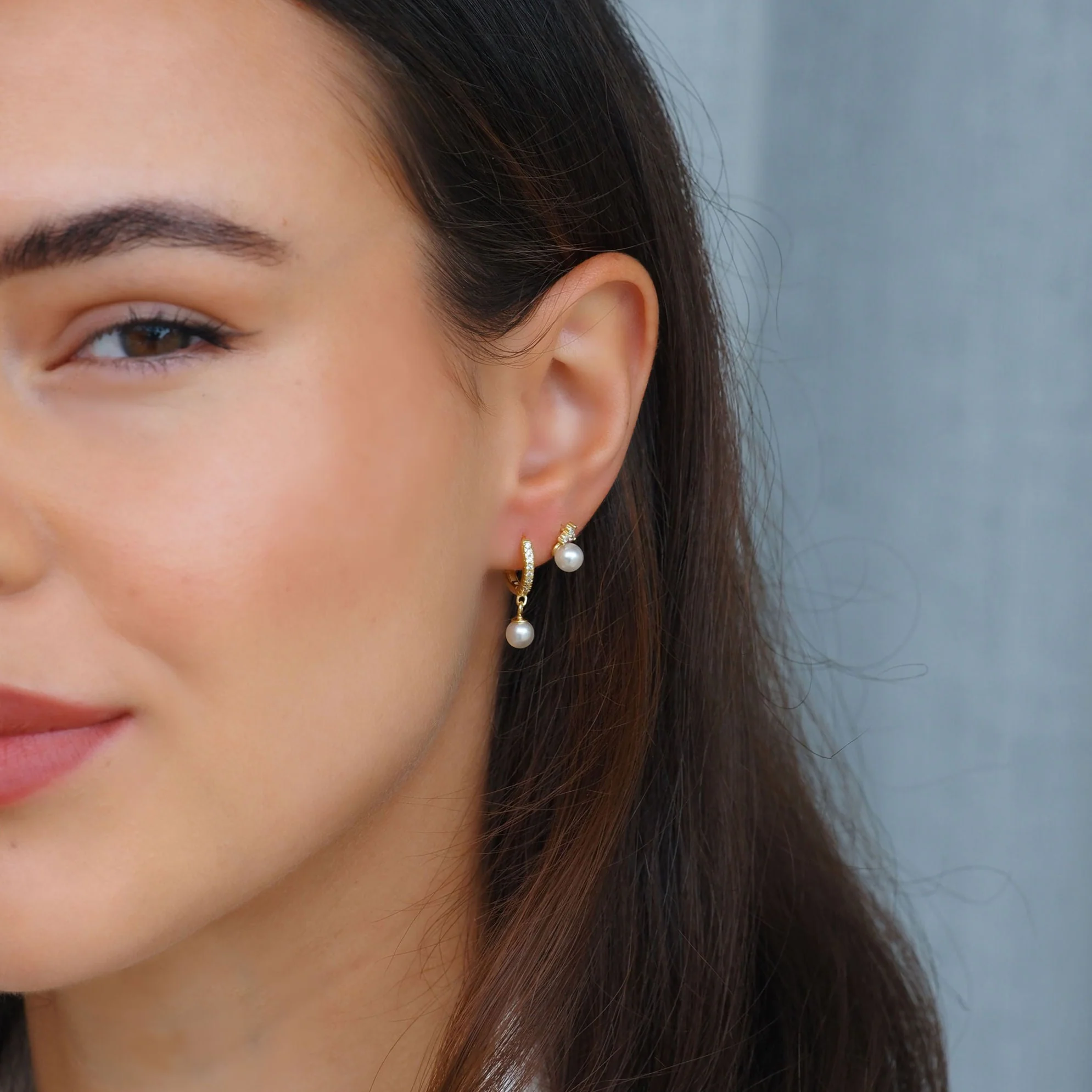 Crystal Pearl Hoop Earrings Gold - Image 3
