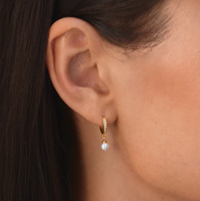 Crystal Pearl Hoop Earrings Gold - Image 4