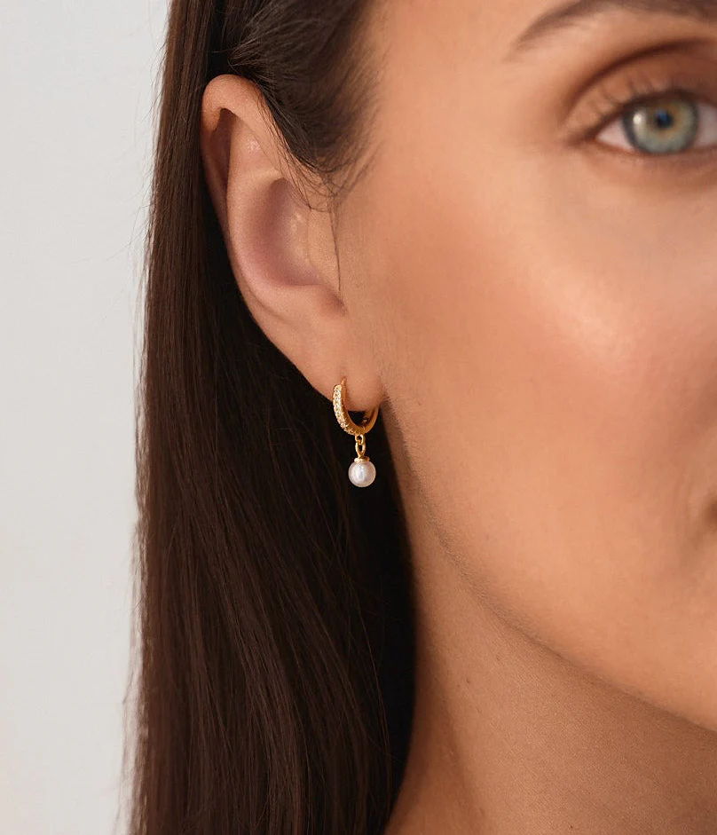 Crystal Pearl Hoop Earrings Gold - Image 5