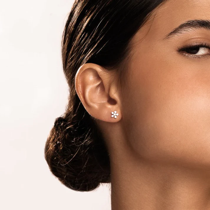 Flower Diamond Stud Earring in Silver - Image 3